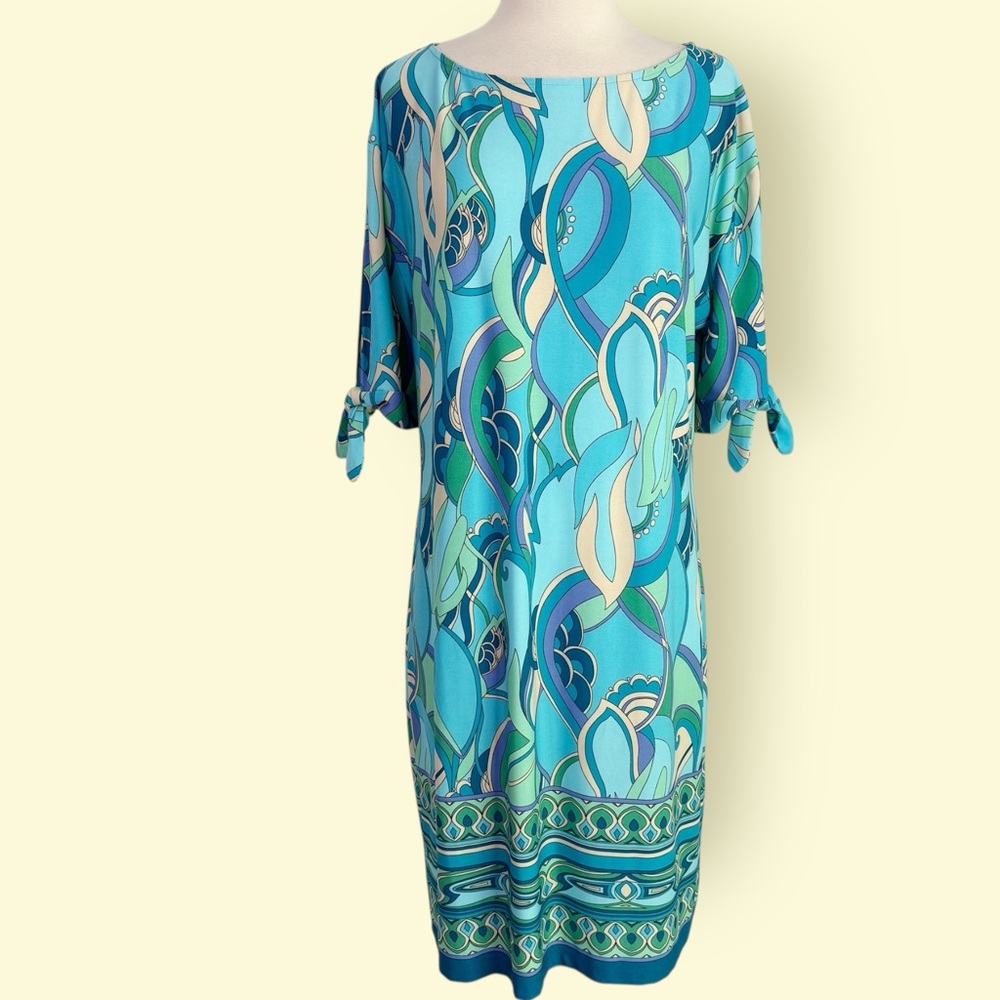 London Times Tie Sleeve Shift Dress Size 12 Coastal Turquoise Print - Picture 5 of 11